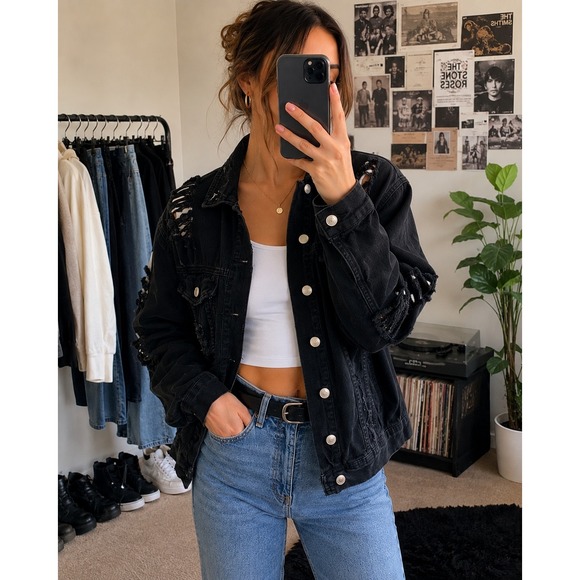 ASOS Jackets & Blazers - ASOS Thrashed Black Denim Trucker Jacket Destroyed Distressed Size Medium